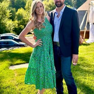 Green One-Shoulder spring floral medium midi Dress with stretch